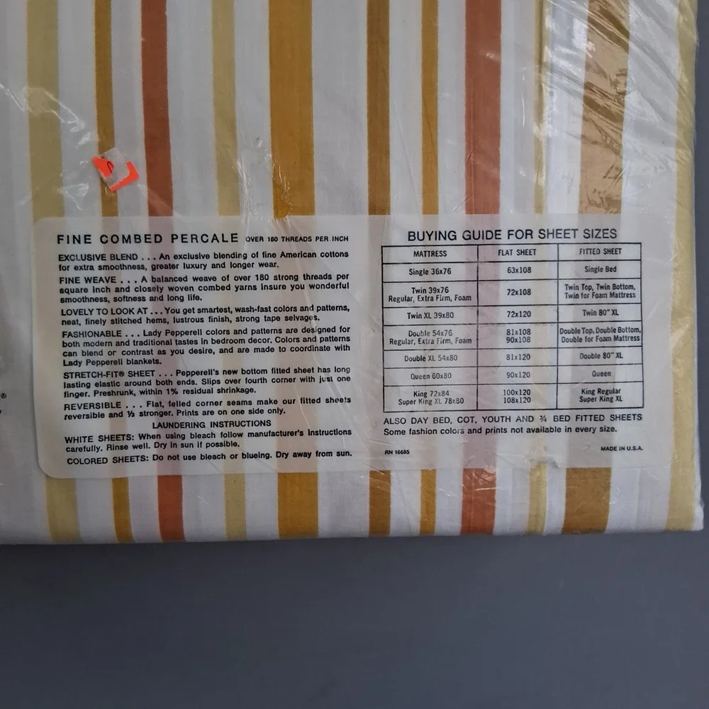 Vtg 60s 70s NOS Lady Pepperell Full Flat Sheet Striped Yellow Orange Fall Colors